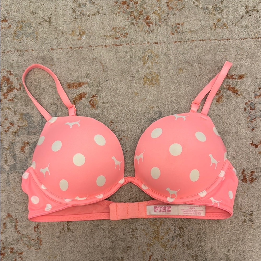 PINK Victoria's Secret Coral Polka Dot Wear Everywhere Super Push Up Bra